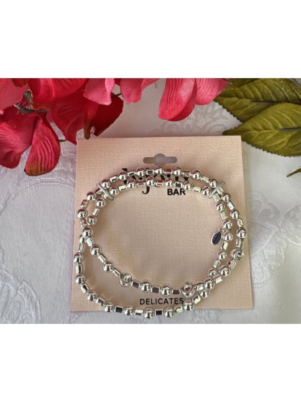 Bijoux Bar Delicates Dainty Silvertone Slide Bracelet Tiny Bead 2 PC Stack NEW